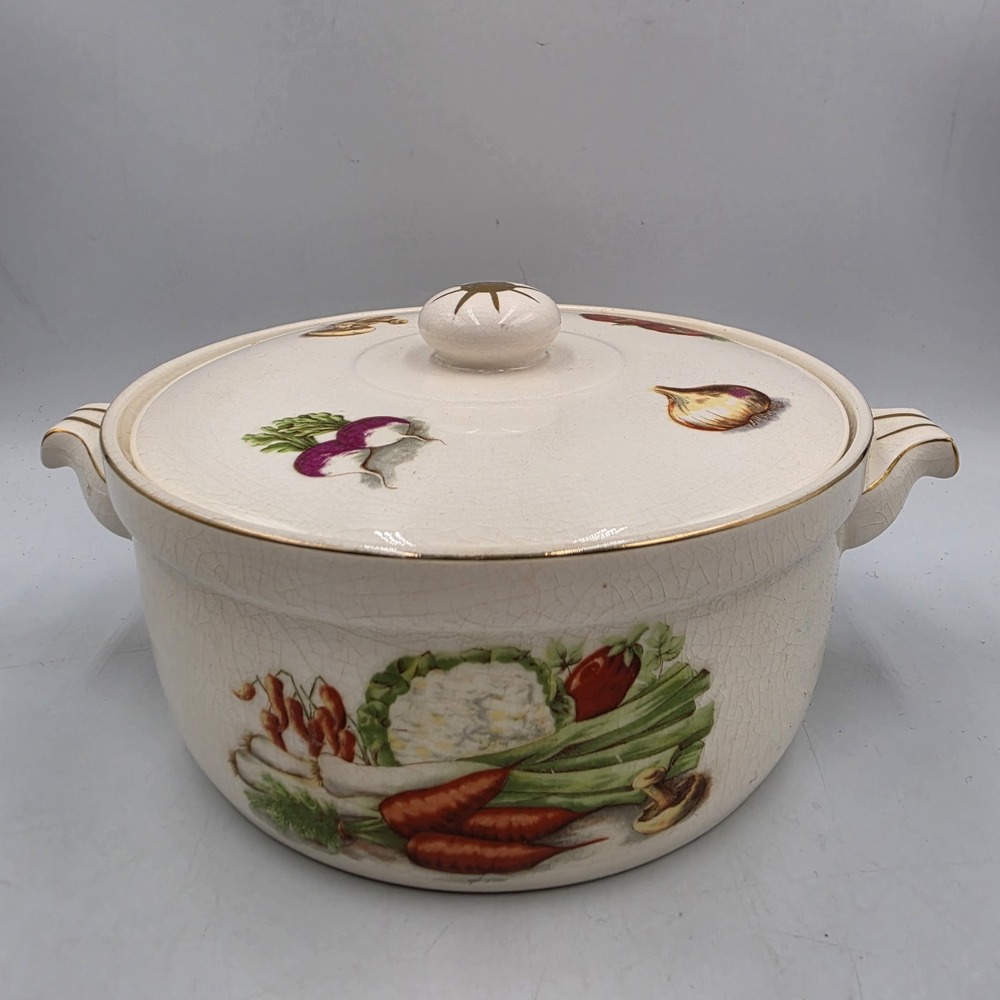 Vtg Oven To Table Ware Covered Baking Dish Decor Vegetables 22kt Gold Detail